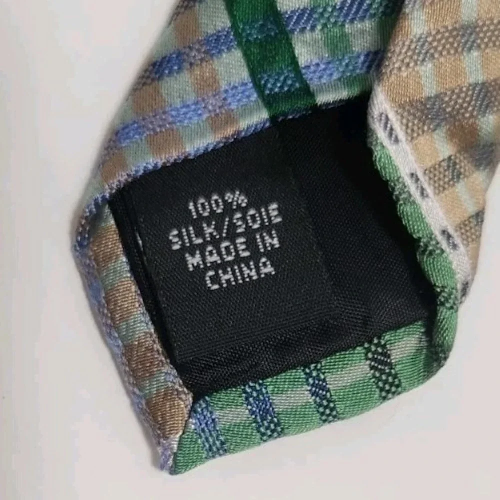 VAN HEUSEN Silk Tie, Geometric Green, Blue & Tan, 100% Silk,‎ 3¼ X 58